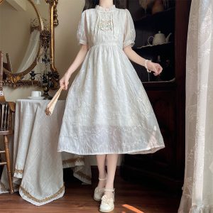 New Chinese Style Embroidered Lace Collar Sweet Apricot Dress
