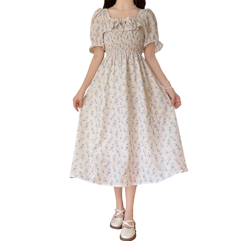 Artistic Floral Puff Sleeve Dress in Gentle Forest Style - Image 5