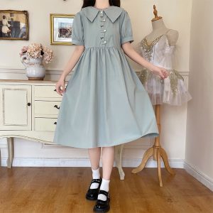 Doll Collar Embroidered Preppy Midi Short Sleeve Dress