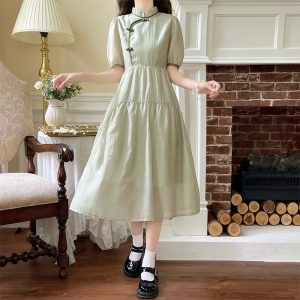 New Chinese Style Qipao Dress Forest Fresh Bubble Sleeve Slimming Midi Dress