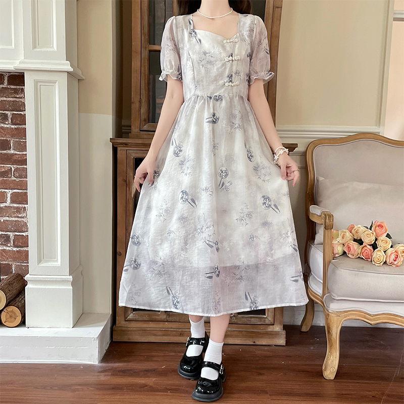 New Chinese Style Puff Sleeve Square Neck A-Line Printed Chiffon Dress - Image 2