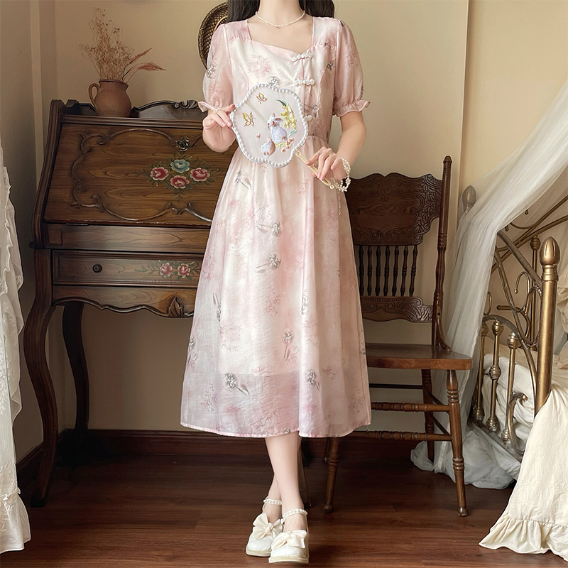 New Chinese Style Puff Sleeve Square Neck A-Line Printed Chiffon Dress - Image 3