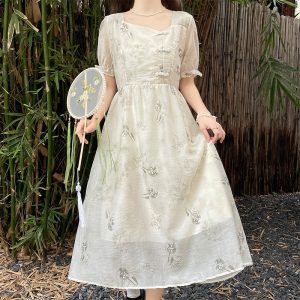 New Chinese Style Puff Sleeve Square Neck A-Line Printed Chiffon Dress