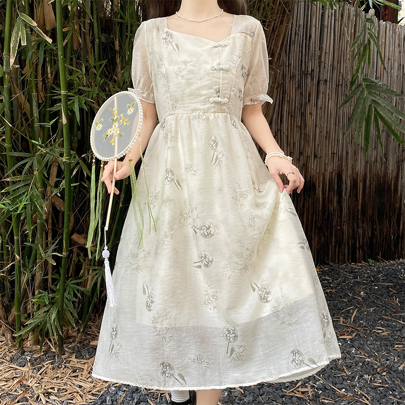 New Chinese Style Puff Sleeve Square Neck A-Line Printed Chiffon Dress