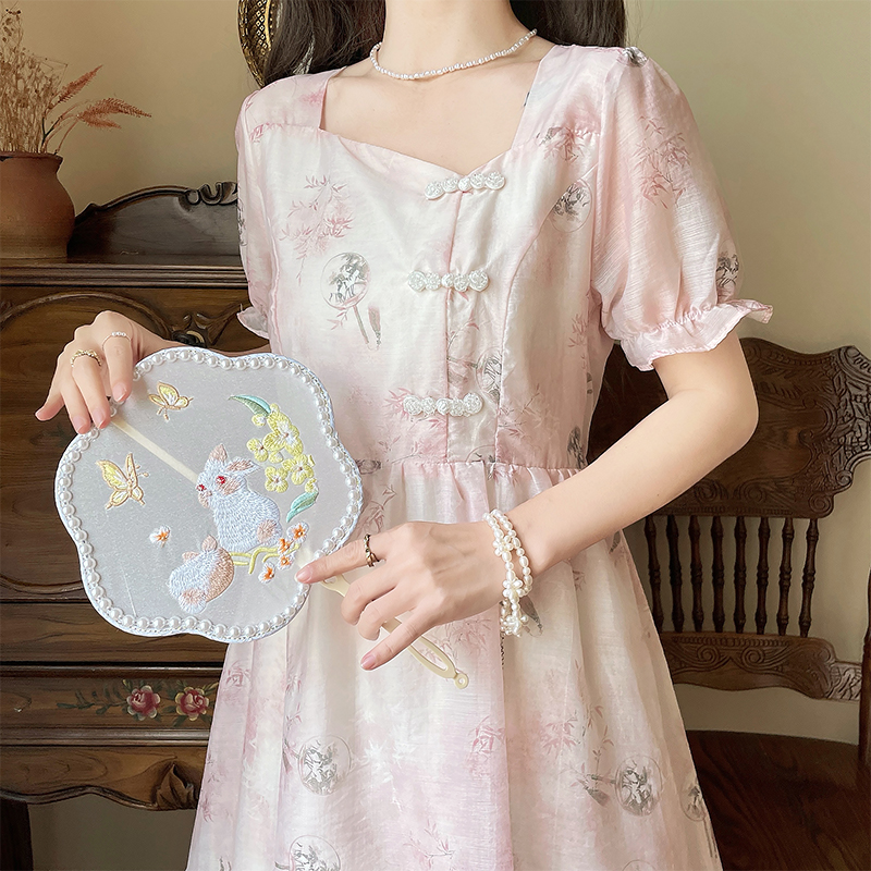 New Chinese Style Puff Sleeve Square Neck A-Line Printed Chiffon Dress - Image 4