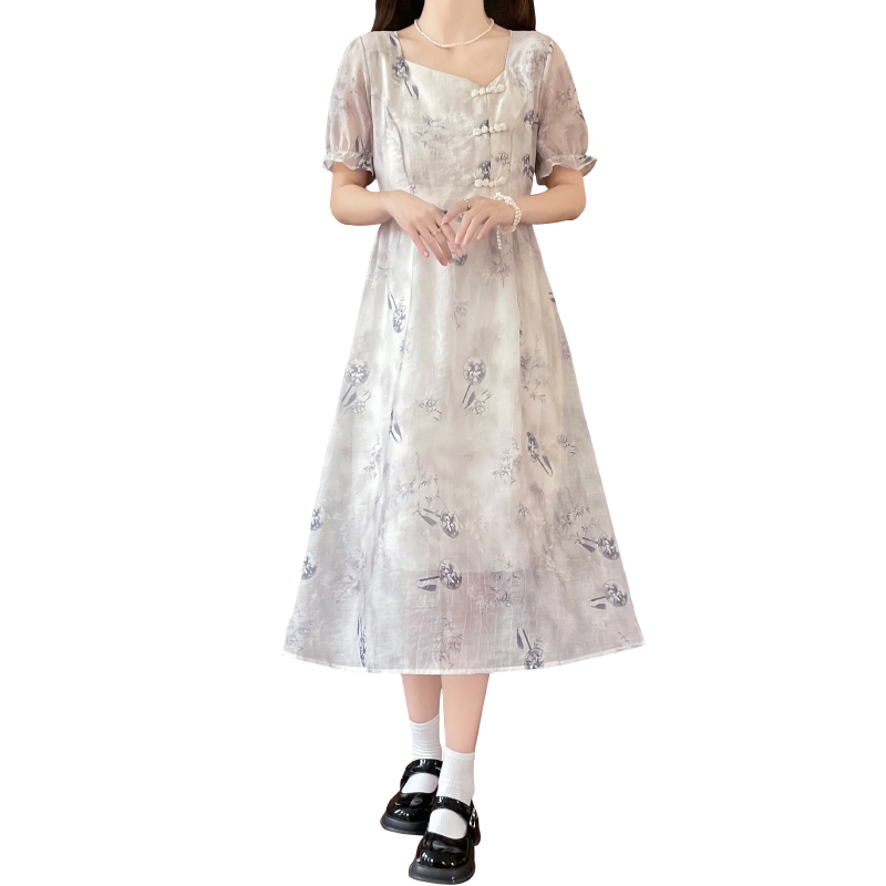 New Chinese Style Puff Sleeve Square Neck A-Line Printed Chiffon Dress - Image 5