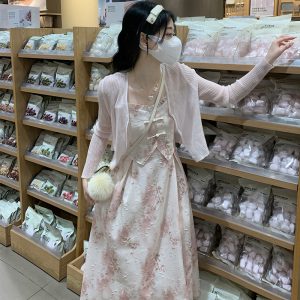 New Chinese Style Knot Button Cami Dress and Cardigan Two Piece Set