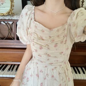 Floral French Tea Dress with Puff Sleeves Sweet Long Dress