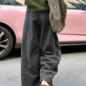 Women's Gray Wool-Blend Wide-Leg Pants 2025 New Plus Size Casual Sweatpants