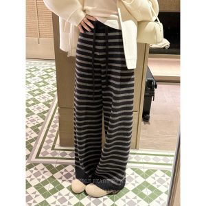 Women's Striped Straight-Leg Knit Pants with Drawstring - Casual Lazy Style