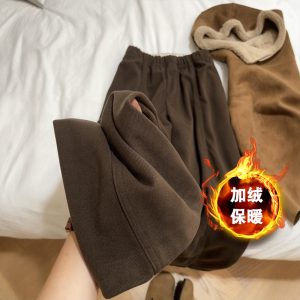 Maillard Brown Wool Wide-Leg Pants Winter Thickened Women Plus Size Casual Sweatpants