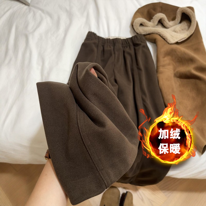 Maillard Brown Wool Wide-Leg Pants Winter Thickened Women Plus Size Casual Sweatpants