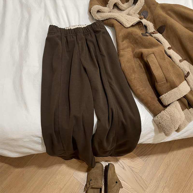 Maillard Brown Wool Wide-Leg Pants Winter Thickened Women Plus Size Casual Sweatpants - Image 2