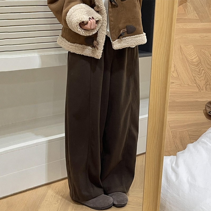 Maillard Brown Wool Wide-Leg Pants Winter Thickened Women Plus Size Casual Sweatpants - Image 4