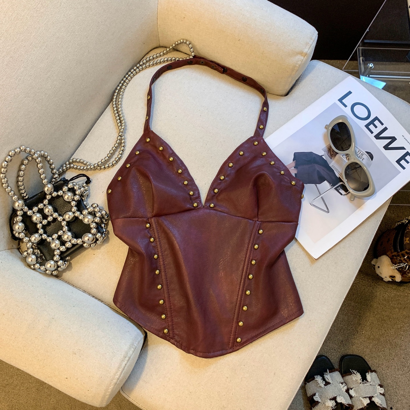 Women's PU Leather Studded Halter Cami Top Sexy Backless Slim Cropped Summer - Image 2