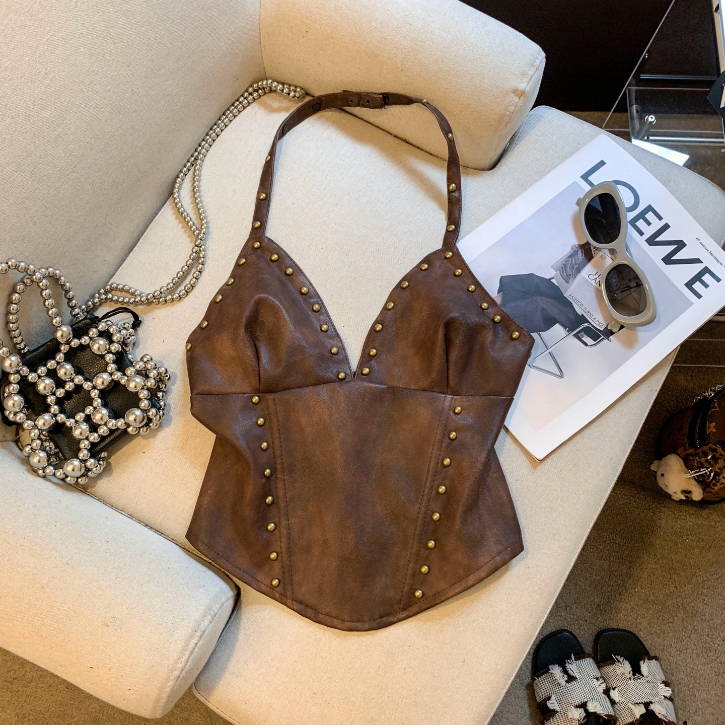 Women's PU Leather Studded Halter Cami Top Sexy Backless Slim Cropped Summer - Image 3