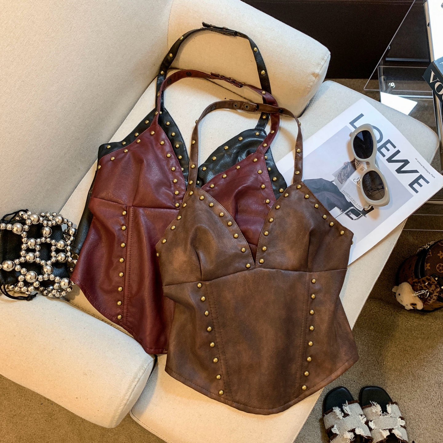 Women's PU Leather Studded Halter Cami Top Sexy Backless Slim Cropped Summer