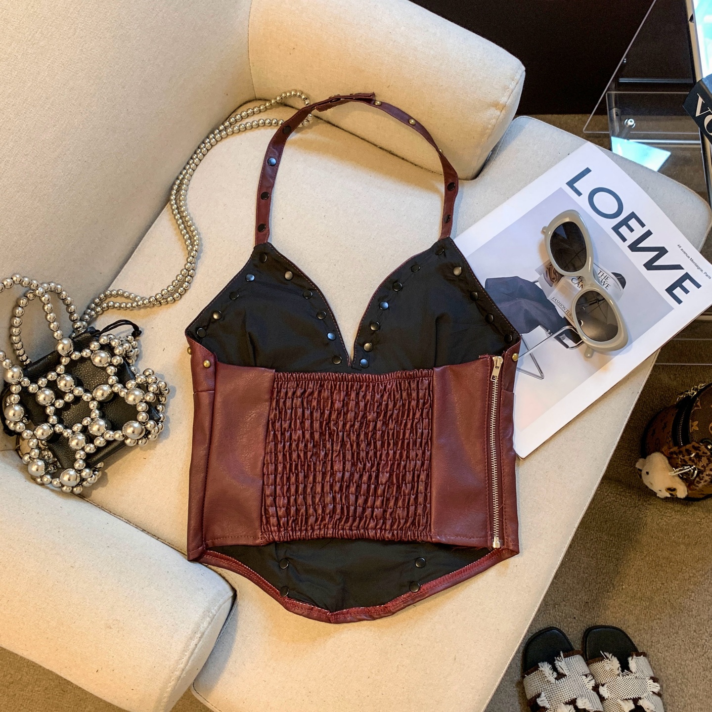 Women's PU Leather Studded Halter Cami Top Sexy Backless Slim Cropped Summer - Image 5