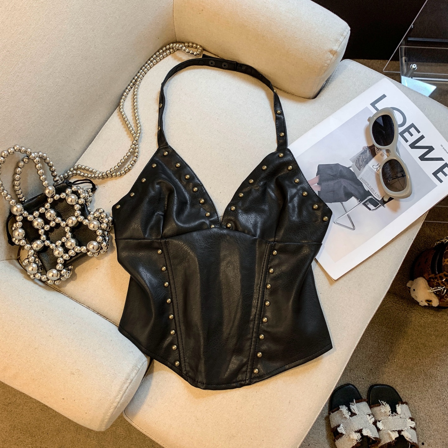Women's PU Leather Studded Halter Cami Top Sexy Backless Slim Cropped Summer - Image 4