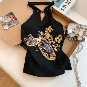 New Chinese Style Sleeveless Halter Camisole with Hollow Embroidery