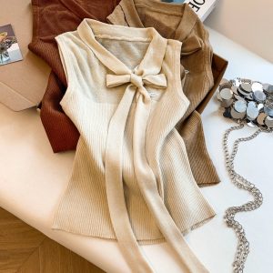 Women's Ribbon Stand Collar Knit Tank Top Slim Fit Cropped Sleeveless Vest