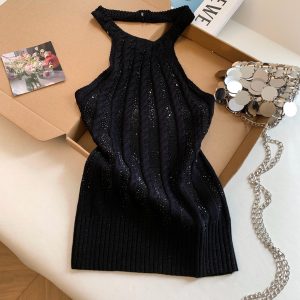 Women's Reversible Half Turtleneck Rhinestone Knit Tank Top Sexy Backless Camisole