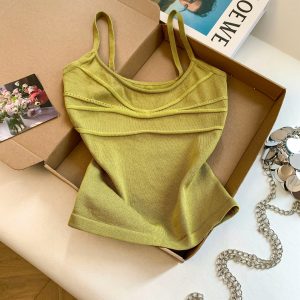 Women's Olive Green Retro Knit Camisole Tank Top Slim Fit Sleeveless Summer