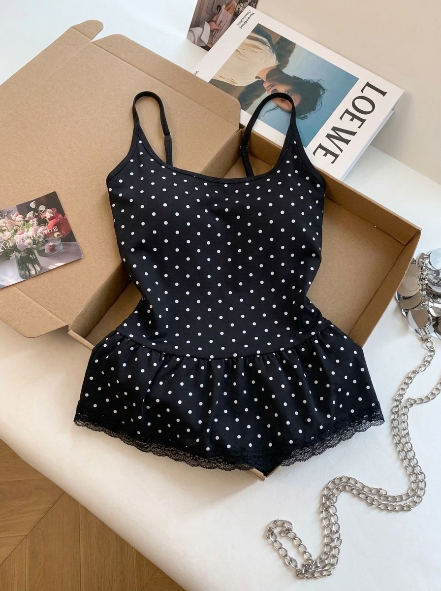 Women's Polka Dot Cross Back Cami Top with Chest Pads - Image 3