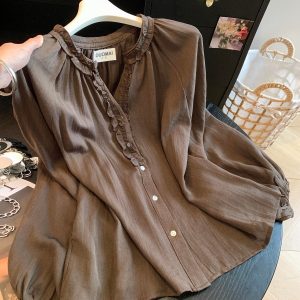 Women's Wood Ear Trim Long Sleeve V-Neck Loose Shirt Autumn Sweet Top