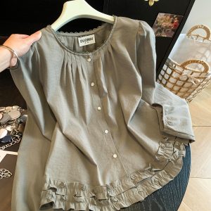 Korean Style Green Lace Trim Blouse for Women Round Neck Button Down Bubble Long Sleeve Early Autumn Top