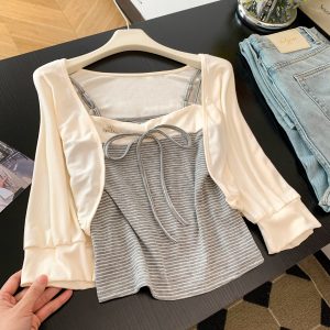 Korean Style Soft Lantern Sleeve Cardigan and Camisole Two Piece Set for Women Summer New