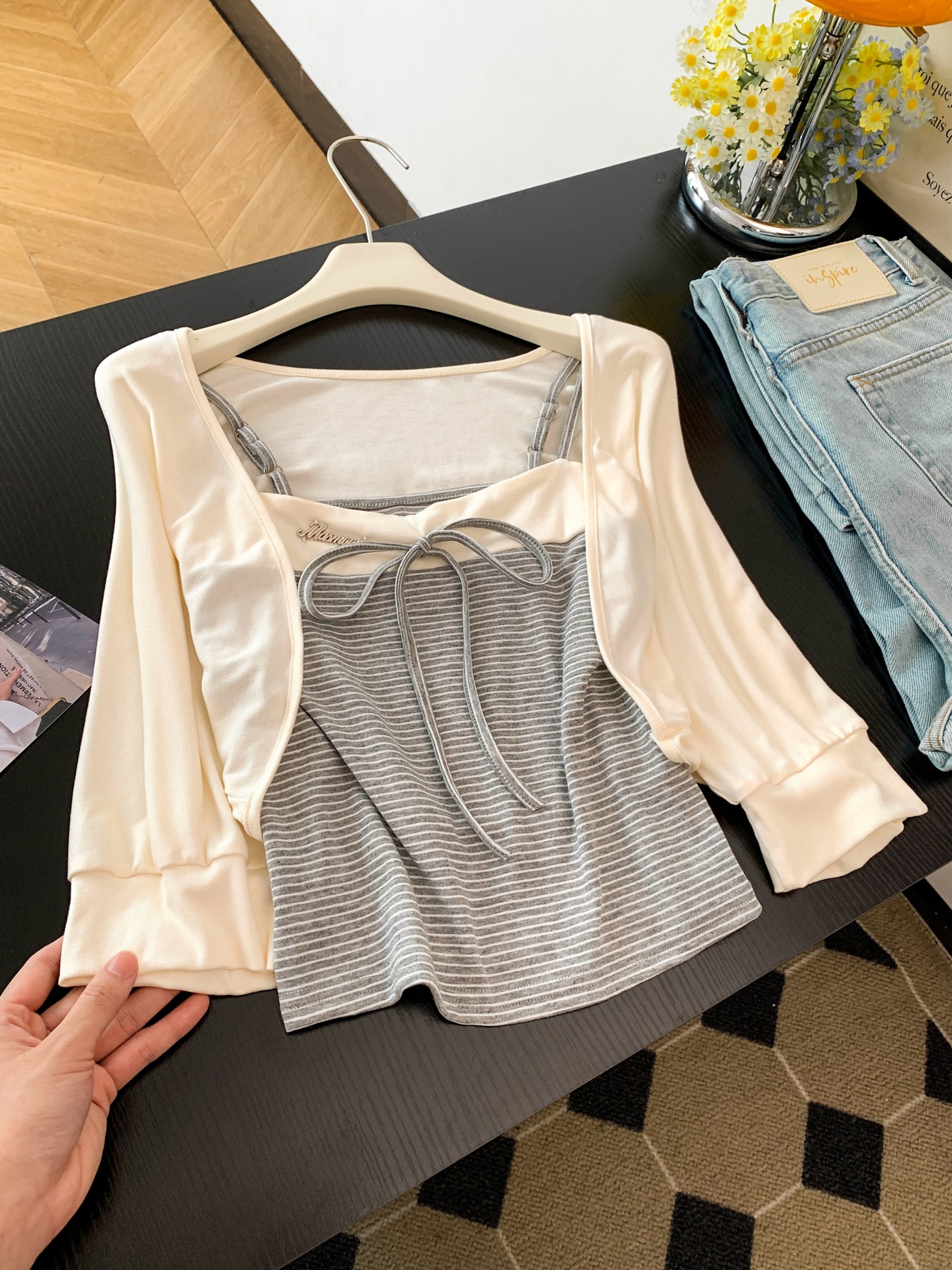 Korean Style Soft Lantern Sleeve Cardigan and Camisole Two Piece Set for Women Summer New