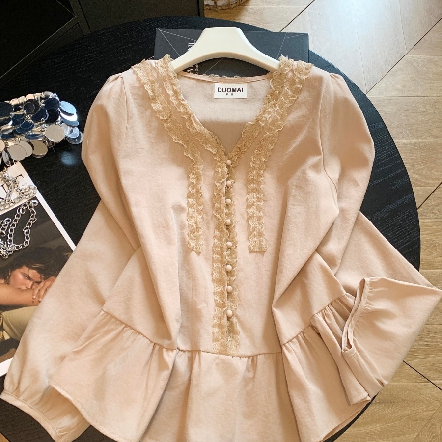 Women's Lace Trim V-Neck Puff Sleeve Blouse Light Sweet Retro Top - Image 5
