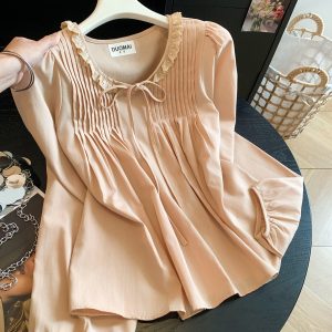Korean Style Coffee Ruffled Tie-Front Blouse with Puff Sleeves - Style 735a39