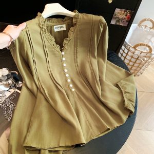 Korean Style Ruffle V-Neck Pleated Waist Lantern Sleeve Long Sleeve Blouse - Style 45faa9