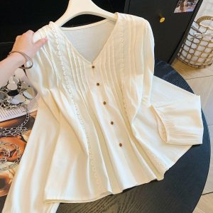 Korean V-Neck Pleated Ribbed Long Sleeve Button Shirt for Women
