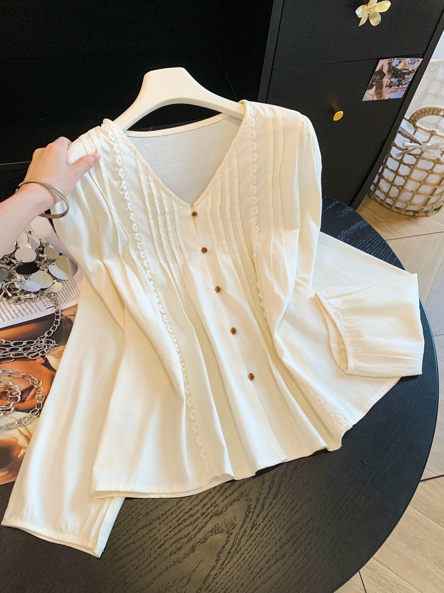 Korean V-Neck Pleated Ribbed Long Sleeve Button Shirt for Women