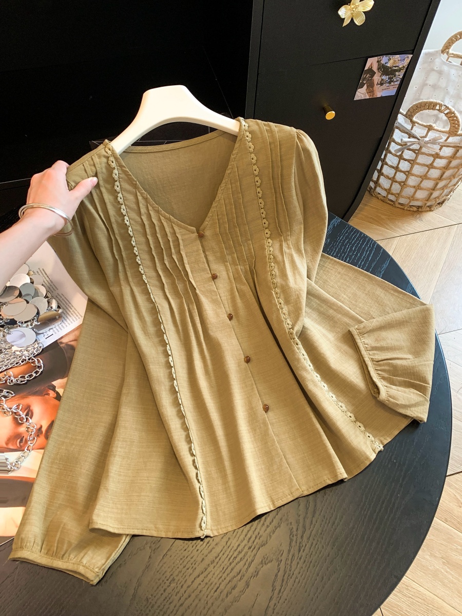 Korean V-Neck Pleated Ribbed Long Sleeve Button Shirt for Women - Image 2