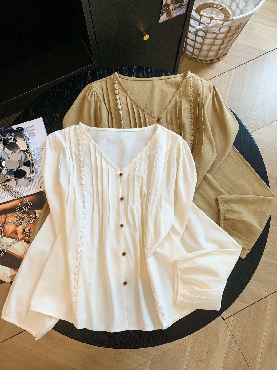 Korean V-Neck Pleated Ribbed Long Sleeve Button Shirt for Women - Image 3