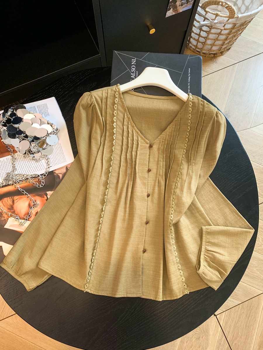 Korean V-Neck Pleated Ribbed Long Sleeve Button Shirt for Women - Image 4
