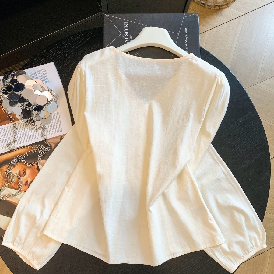 Korean V-Neck Pleated Ribbed Long Sleeve Button Shirt for Women - Image 5