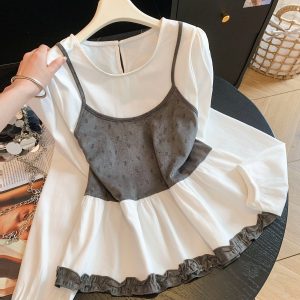 Korean Style Layered Color Block Cami Patchwork Top Women Round Neck Puff Long Sleeve Floral Ruffle Early Autumn Shirt