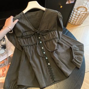 Korean V-Neck Lace Trim Tie-Front Blouse Women Loose Fit Puff Sleeve Short Top - Style 45f9e9