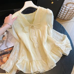 French Style Bow Tie V-Neck Long Sleeve Blouse for Women - Style bd1b03