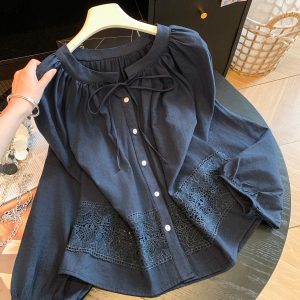 Women's Lace-Up Lace Spliced Shirt Korean Lantern Sleeve Cotton Blend Loose Hollow Out Blouse