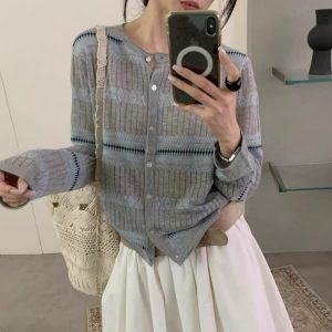 Minimalist Round Neck Jacquard Knit Cardigan for Women Loose Slimming Single Breasted Top - Style 44d204