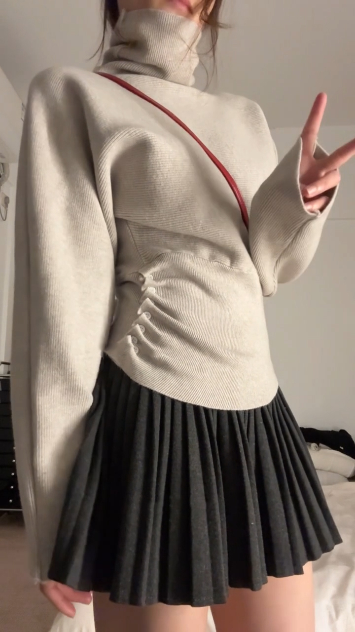 Women's Turtleneck Side Ruched Knit Sweater Slimming Winter Top - Image 2