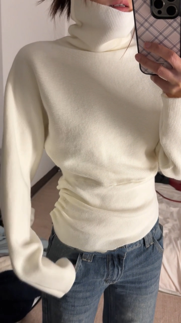 Women's Turtleneck Side Ruched Knit Sweater Slimming Winter Top - Image 4