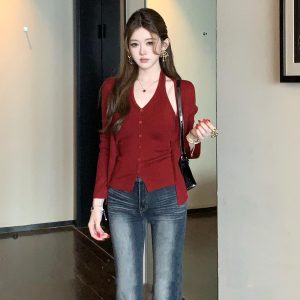 High Quality Red Two-Piece Knit Cami and Cardigan Set for Women