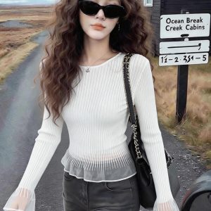 French Style Black Round Neck Mesh Ruffle Knit Top for Women Slim Fit Flared Sleeve - Style bca993
